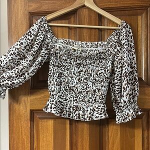 White patterned Puff Sleeve Blouse with Smocked Ruffles